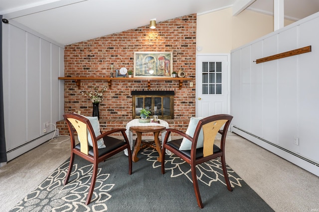 living area with lofted ceiling with beams, carpet floors, baseboard heating, and a brick fireplace