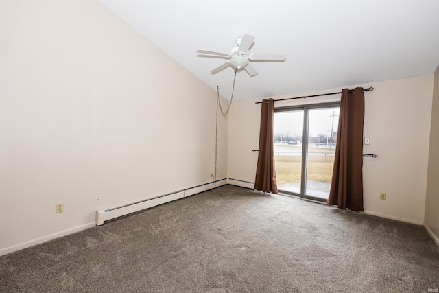 carpeted empty room featuring baseboards, a baseboard heating unit, vaulted ceiling, and a ceiling fan