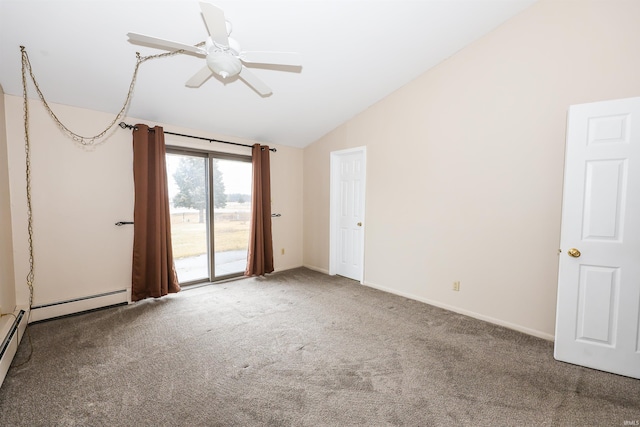 carpeted empty room with lofted ceiling, ceiling fan, a baseboard radiator, and baseboards