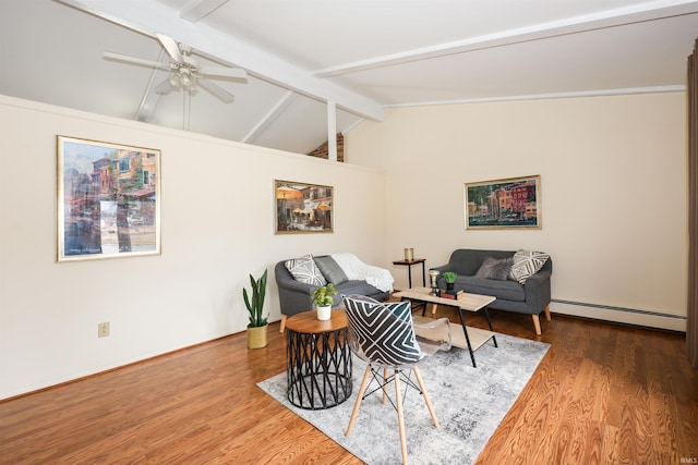 living area with lofted ceiling with beams, a ceiling fan, baseboard heating, and wood finished floors