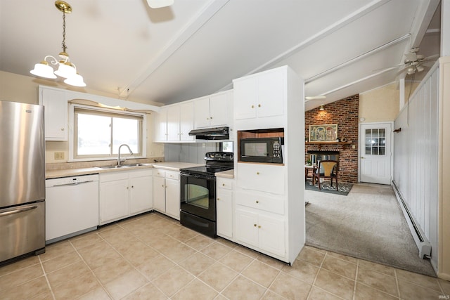 kitchen with vaulted ceiling with beams, light colored carpet, under cabinet range hood, a sink, and black appliances