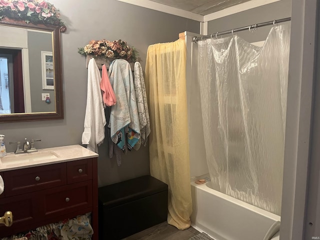 full bathroom with shower / bath combo with shower curtain and vanity