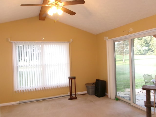 empty room featuring carpet floors, vaulted ceiling with beams, and baseboards