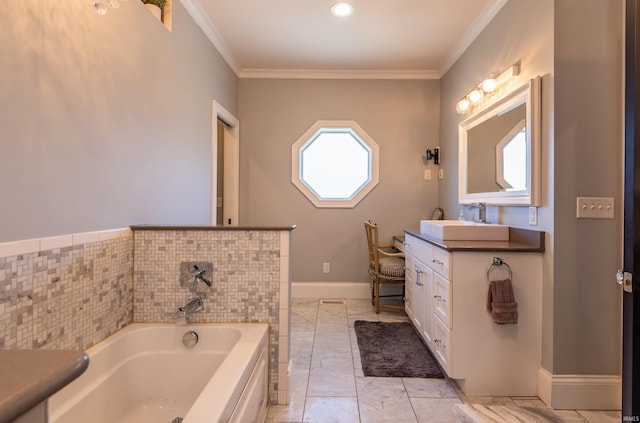 full bathroom featuring baseboards, ornamental molding, marble finish floor, vanity, and a bath