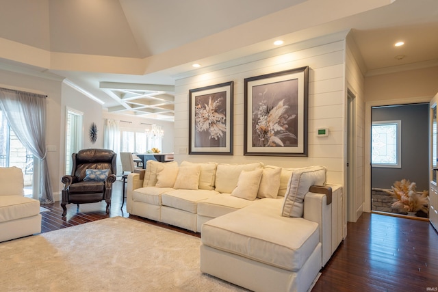 living area with recessed lighting, crown molding, and wood finished floors