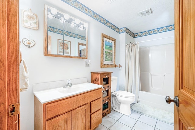 full bath featuring visible vents, toilet, shower / tub combo, vanity, and tile patterned flooring