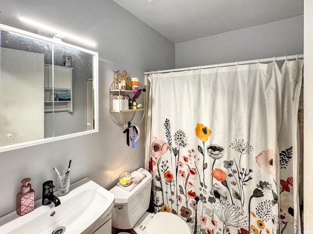 full bath featuring toilet, a shower with curtain, and vanity