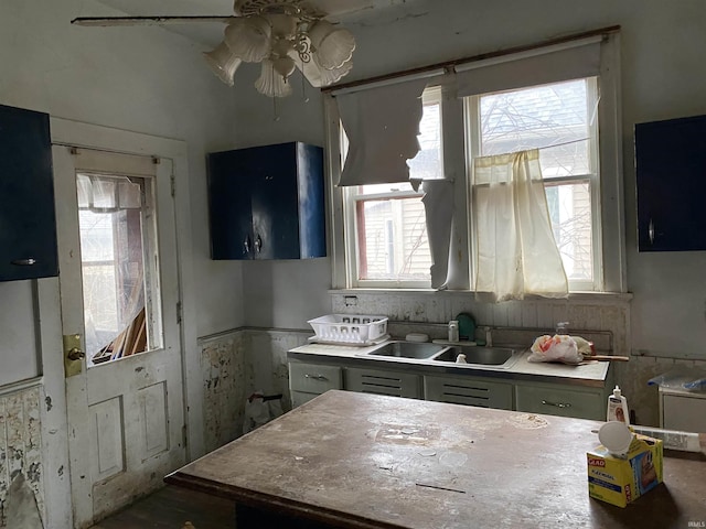 kitchen with a ceiling fan and a sink