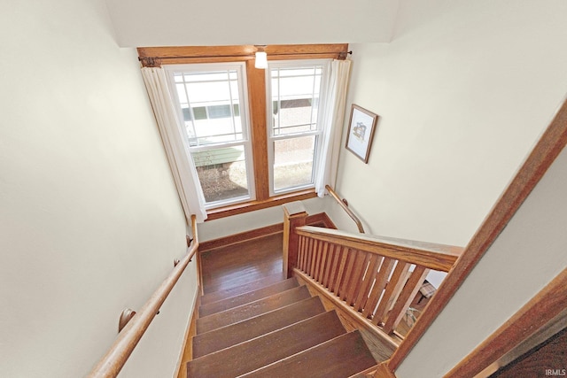 stairway featuring baseboards and hardwood / wood-style flooring