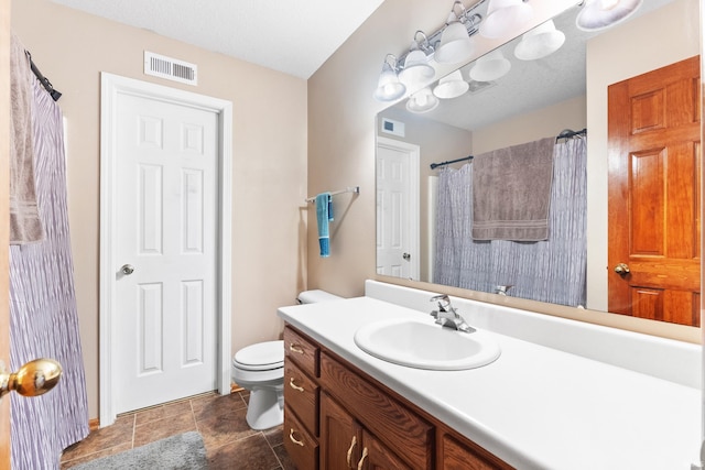 full bathroom with toilet, visible vents, and vanity