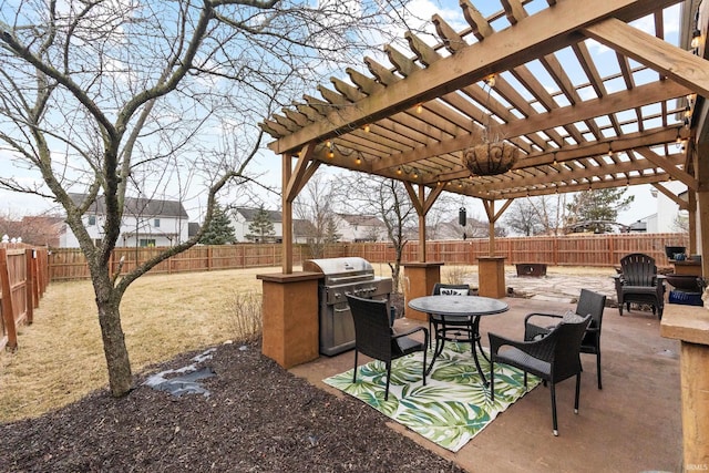 view of patio / terrace featuring a fenced backyard, a pergola, and outdoor dining space