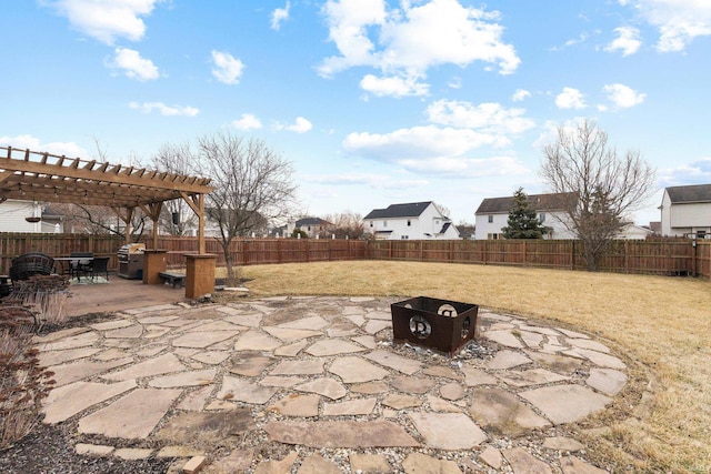 view of patio featuring an outdoor fire pit, a fenced backyard, and a pergola