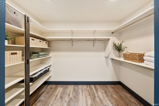 walk in closet with wood finished floors