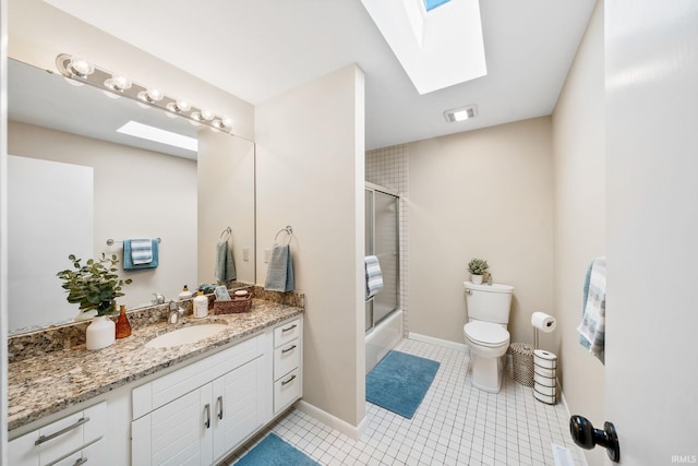 full bathroom with tile patterned flooring, toilet, a skylight, visible vents, and vanity