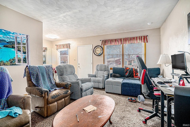 carpeted living room featuring a textured ceiling