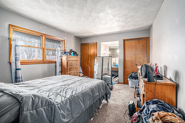 bedroom featuring a textured ceiling, carpet, and two closets