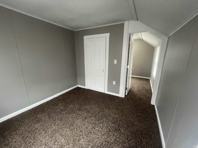 additional living space featuring lofted ceiling, dark colored carpet, and baseboards