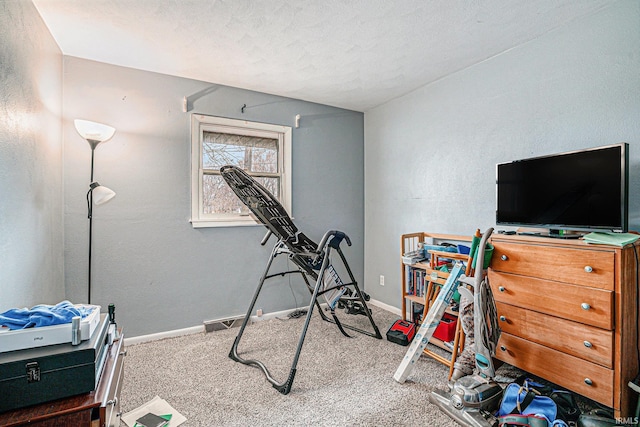 exercise room with visible vents, carpet flooring, a textured ceiling, and baseboards