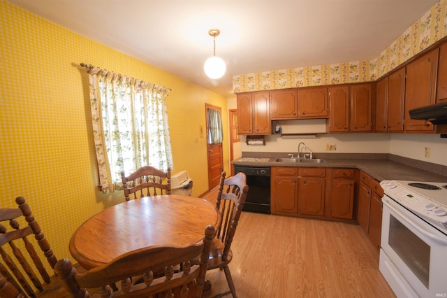 kitchen with electric stove, light wood finished floors, a sink, dishwasher, and wallpapered walls