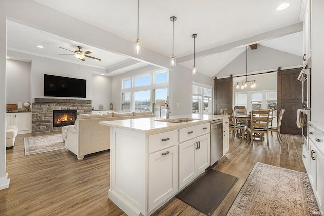 kitchen with a sink, appliances with stainless steel finishes, light stone counters, and wood finished floors