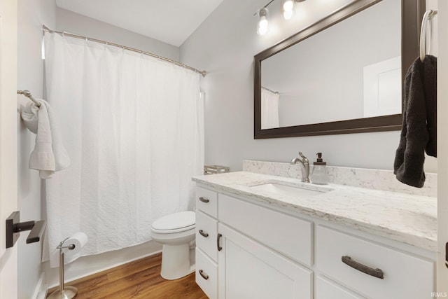 bathroom featuring vanity, wood finished floors, toilet, and a shower with curtain