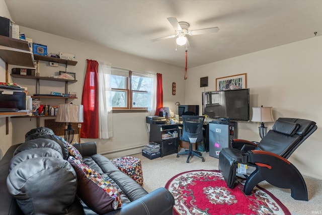 office area with a ceiling fan and a baseboard radiator