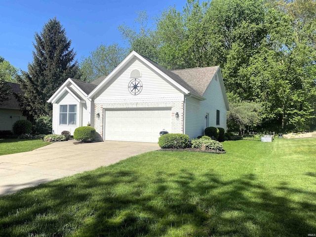 single story home with a garage, concrete driveway, brick siding, and a front lawn