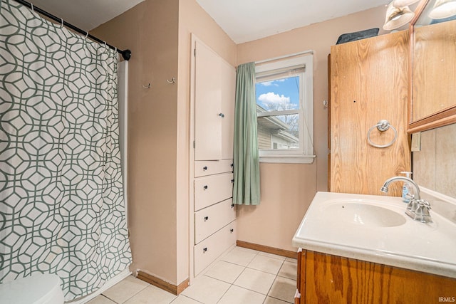 full bathroom with a shower with shower curtain, tile patterned flooring, toilet, and vanity