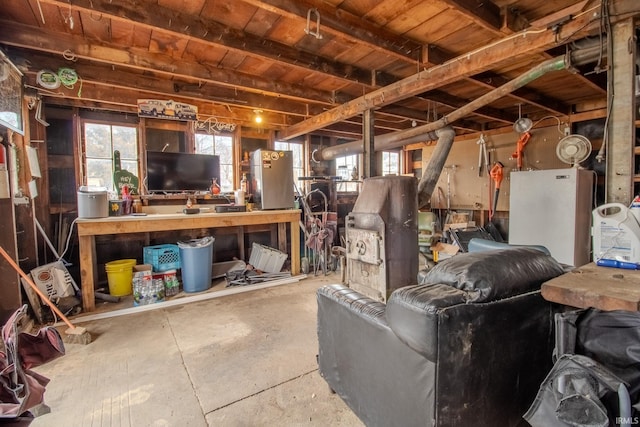 basement featuring freestanding refrigerator and a healthy amount of sunlight