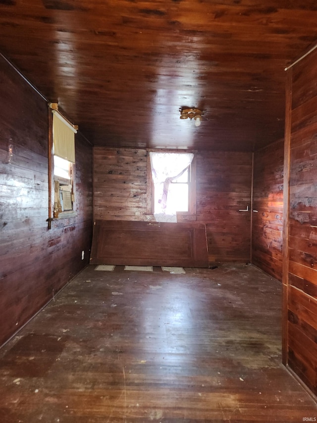 empty room with wood ceiling and wooden walls