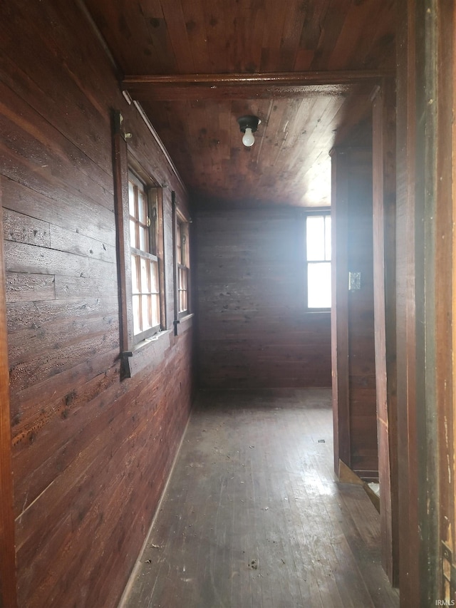 corridor featuring wood walls, wood-type flooring, and wood ceiling