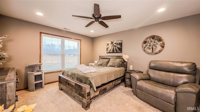 bedroom with light carpet, baseboards, visible vents, and recessed lighting