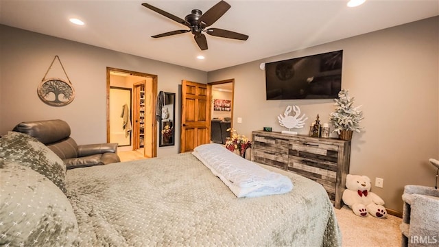 bedroom featuring carpet, a ceiling fan, and recessed lighting