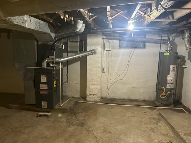 unfinished basement featuring gas water heater