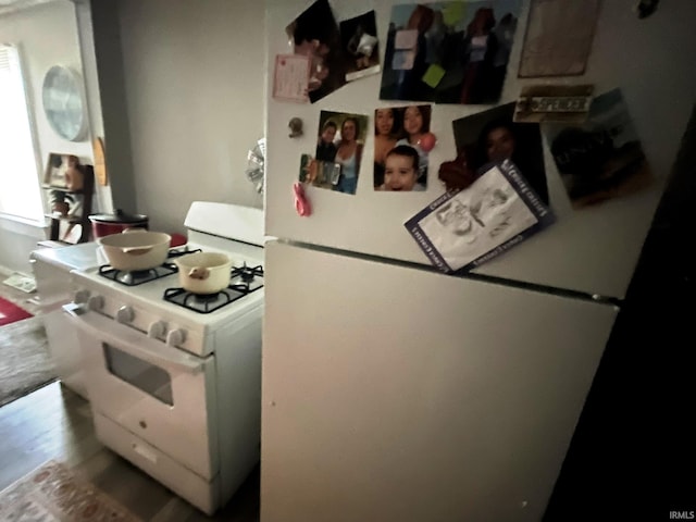 kitchen with white appliances and wood finished floors