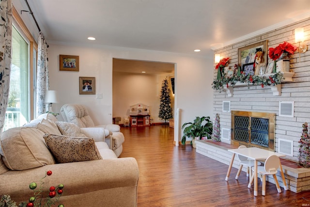 living room with a large fireplace, ornamental molding, wood finished floors, and recessed lighting