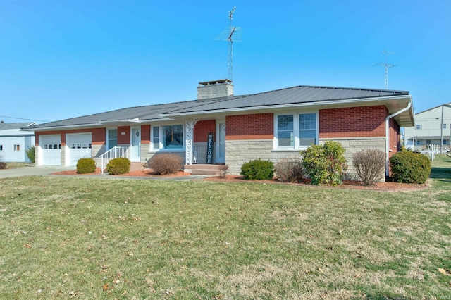 single story home featuring a garage, brick siding, metal roof, and a chimney