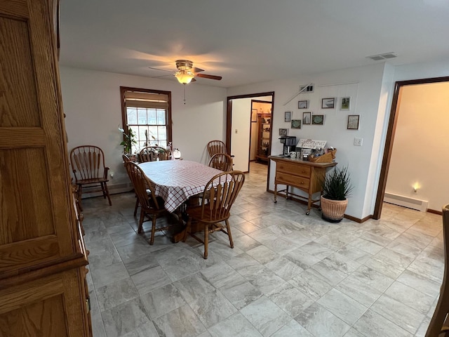 dining room with a ceiling fan, visible vents, a baseboard heating unit, and baseboards