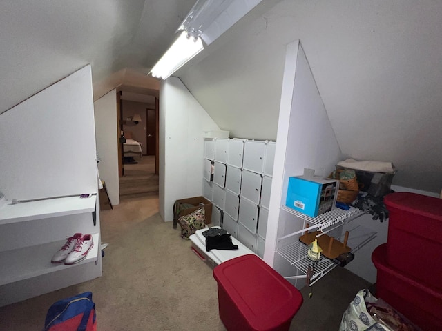 additional living space with lofted ceiling and carpet flooring