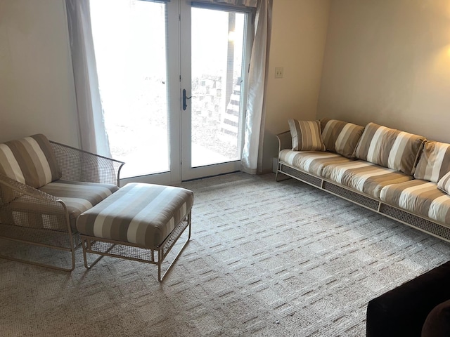 living area featuring plenty of natural light and carpet flooring