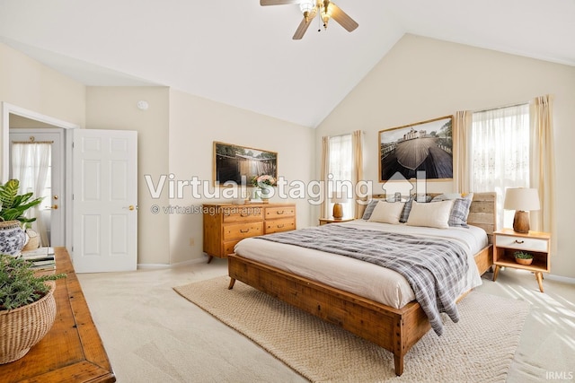 bedroom with light carpet, high vaulted ceiling, ceiling fan, and baseboards