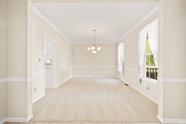 unfurnished room featuring baseboards, ornamental molding, a notable chandelier, and light colored carpet