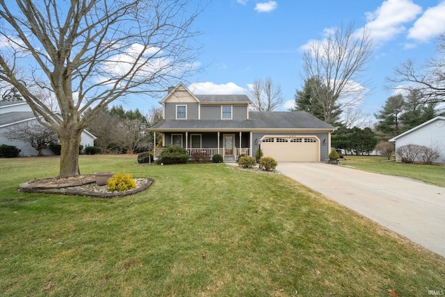 traditional home featuring driveway, a porch, an attached garage, and a front yard