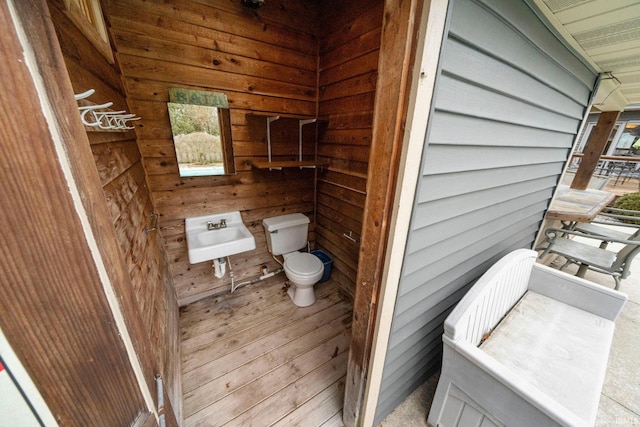 bathroom featuring wood walls, a sink, and toilet