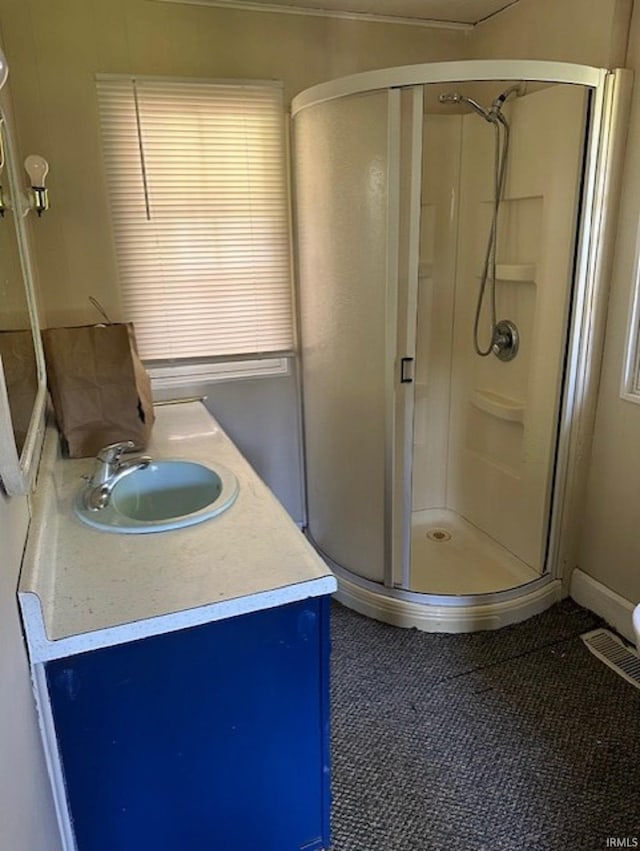 full bathroom featuring a stall shower and vanity