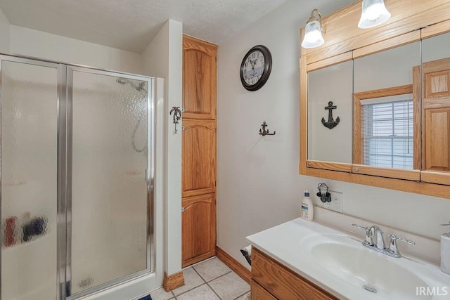 bathroom featuring a stall shower, vanity, and tile patterned floors