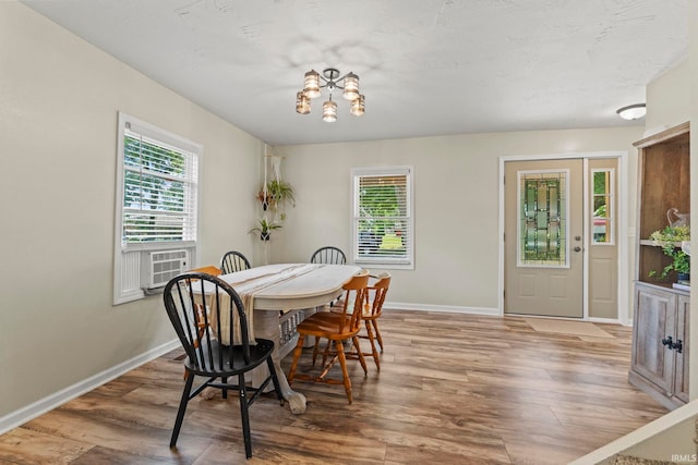 dining space with wood finished floors, a wealth of natural light, and baseboards