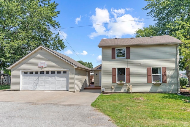 view of front facade with a garage, a front yard, and an outdoor structure