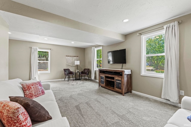 carpeted living room with a healthy amount of sunlight, recessed lighting, and baseboards