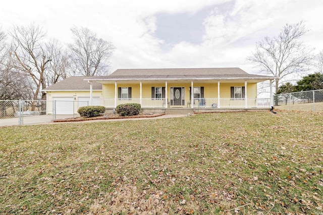 ranch-style home featuring an attached garage, a gate, fence, a front lawn, and a porch